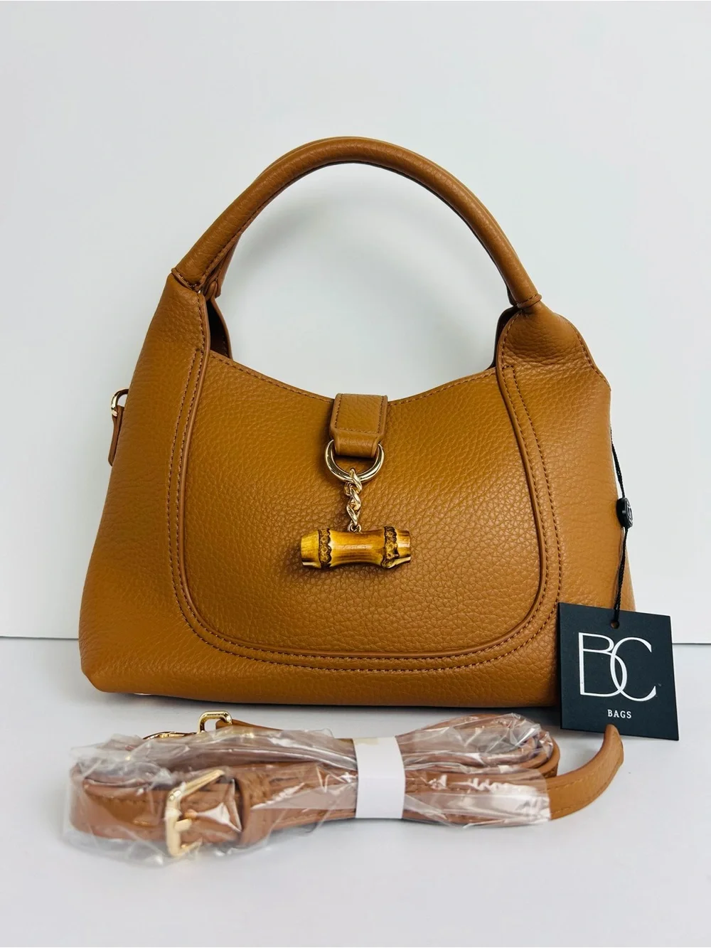 BC Bags Women's Handbag PU Pebbled Camel Matching Pouch Adjustable Strap NWT
